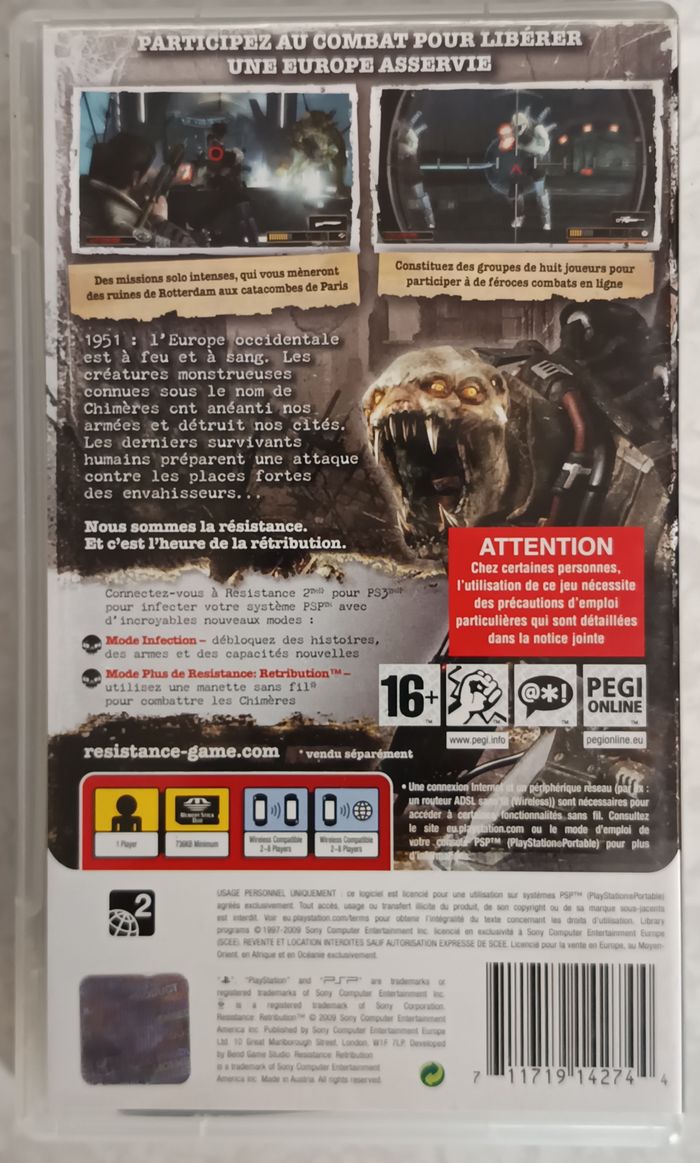 Resistance Retribution PSP Notice incluse PAL FR Sony Playstation Portable - photo numéro 2