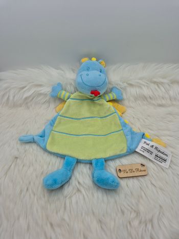 Doudou plat Dragon Dino Bleu jaune Vert Pat & Ripaton