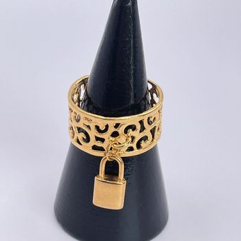 Bague réglable avec breloque cadenas en acier inoxydable doré et hypoallergénique