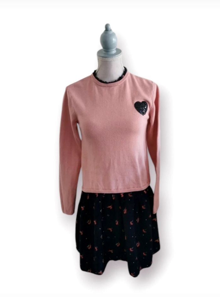 Robe pull gémo rose et bleue marine licornes cœur en sequins taille 10 ans