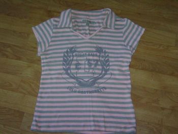 Polo LULU CASTAGNETTE rayé rose et kaki taille 14 ans TBE