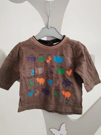 Tee-shirt manches longues marron à rayures noires thème animaux Kitchoun taille 3 mois