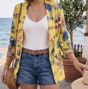 Une veste légère coton manches , 3/4 jaune imprimée Femme taille M la marque promod