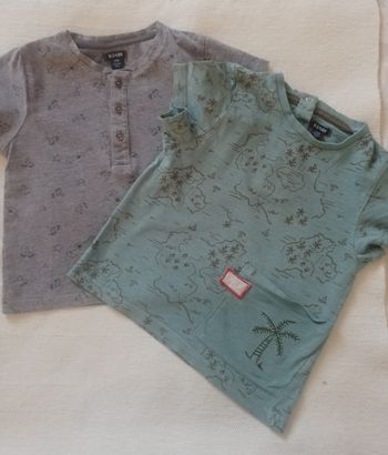 2 T-shirts garçon, gris et vert, 24 mois, KIABI, en bon état