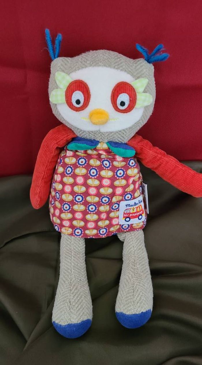 Doudou hibou MOULIN ROTY Les Popipop bleu rouge beige - photo numéro 2