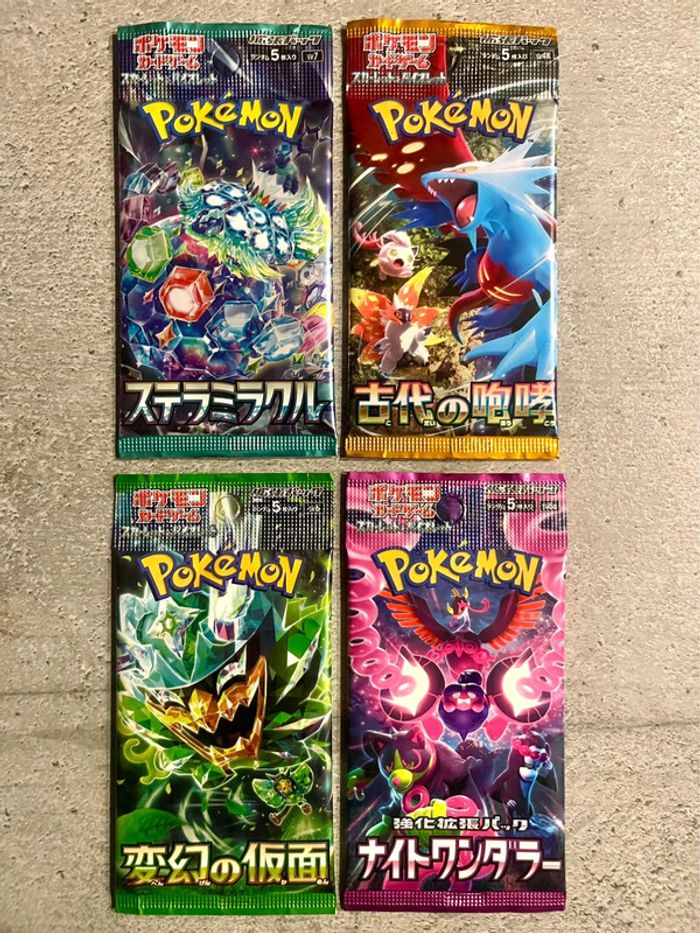 Lot 4 boosters japonais cartes Pokémon dont couronne stellaire et fable nébuleuse
