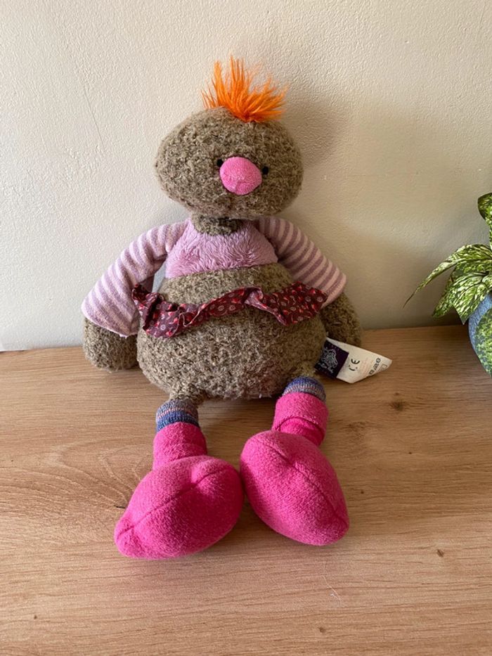 Doudou peluche pou poule beige rose Moulin roty