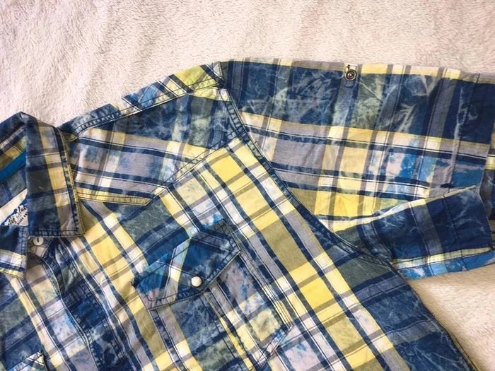 Chemise été à carreaux bleu blanc jaune à manches courtes avec poches - photo numéro 2