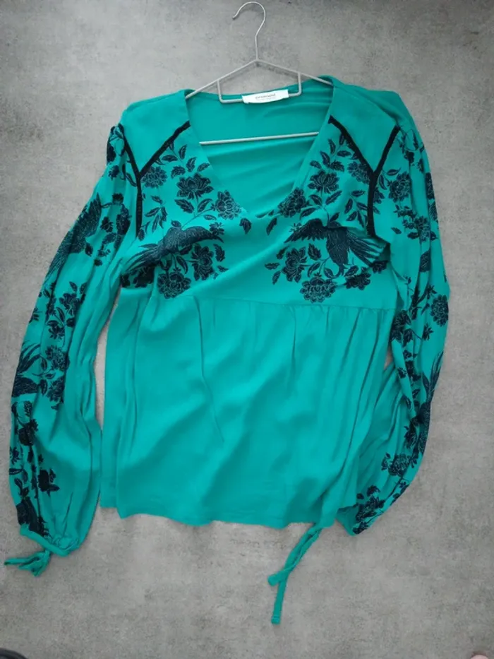 Chemise manches longues turquoise Promod M oiseaux noirs