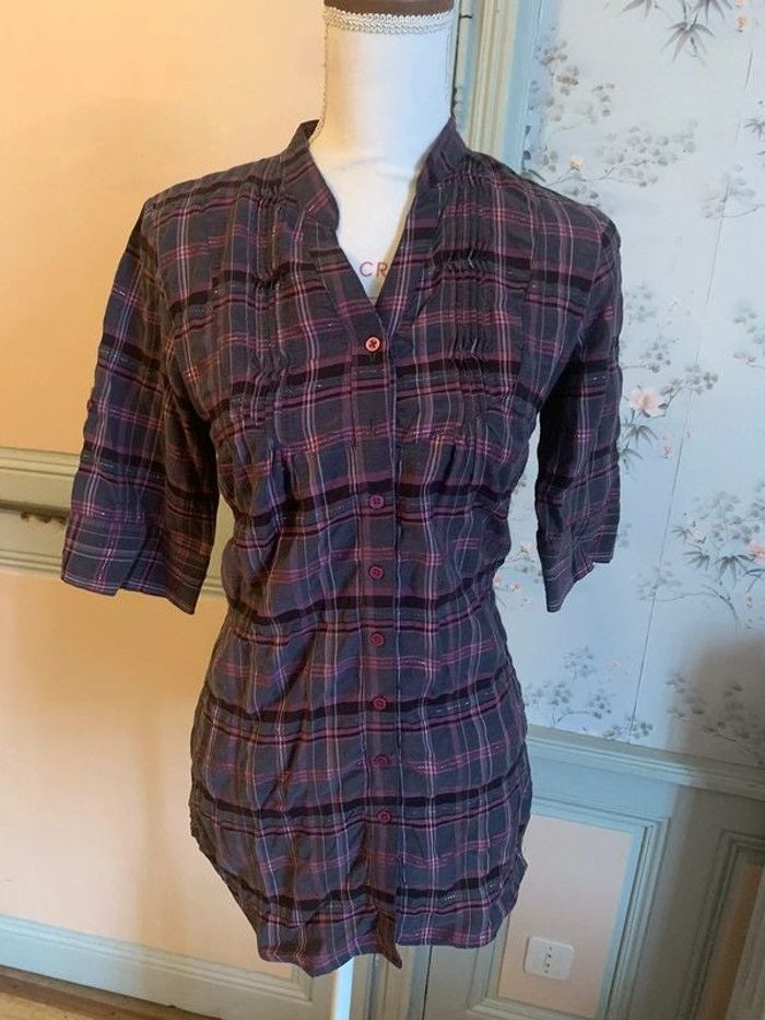 Blouse tunique carreaux gris et roses camaïeu