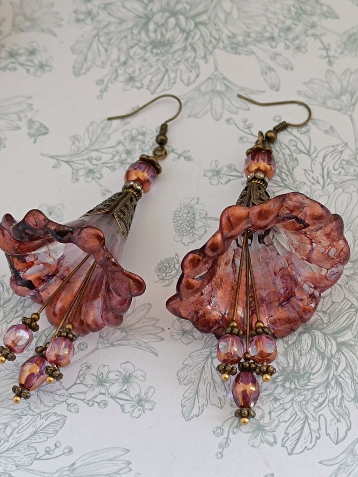Boucles d’oreilles Fleurs féeriques Violet Prune, Rose Cuivré & Bronze Antique - photo numéro 5