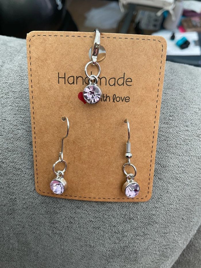 Boucles d’oreilles et breloque rose, lilas neuve - photo numéro 2
