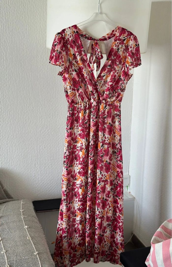 Belle robe longue à motifs fleuris colorés rose et orange – Taille S/M – Lilie Rose - photo numéro 4