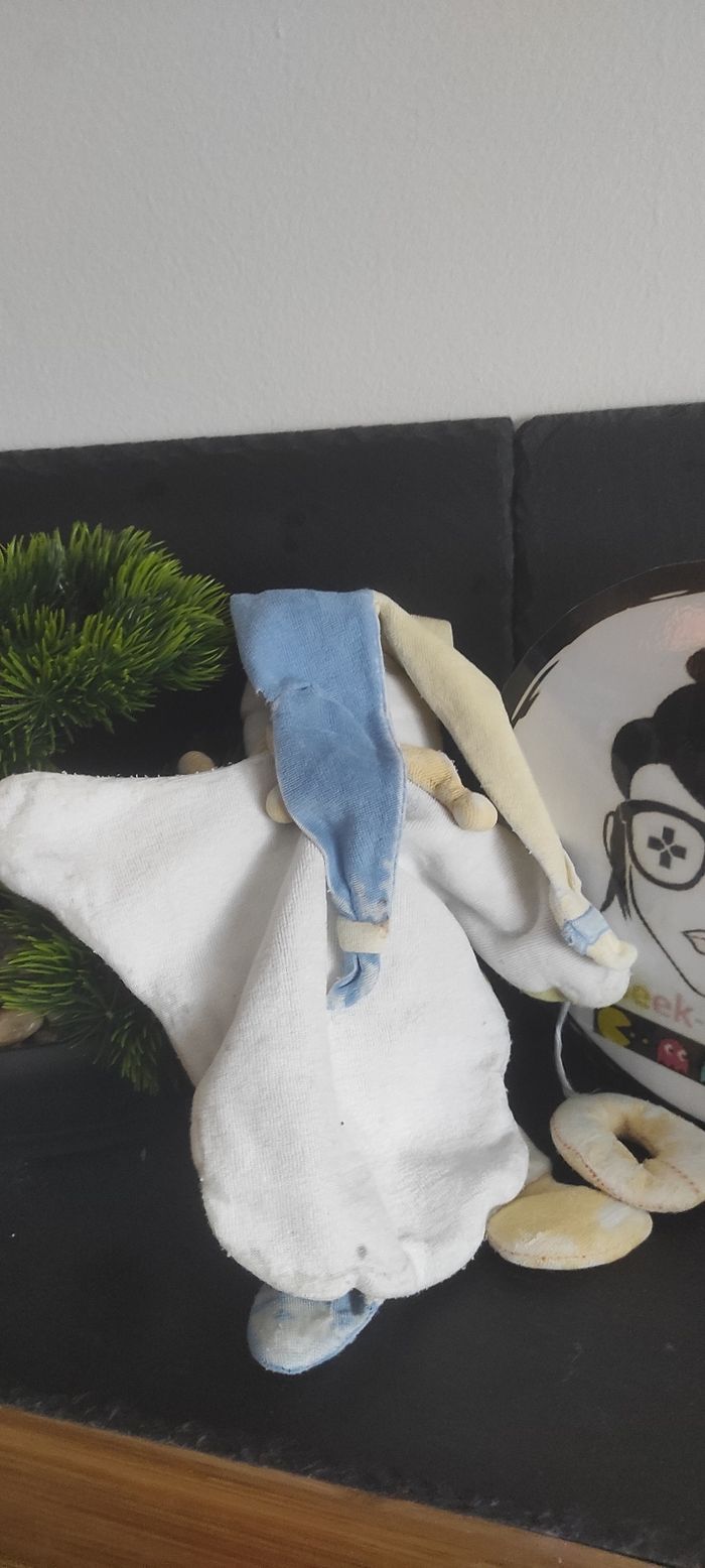 doudou Baby Nat ancien clown marionnette jaune bleu vert rond bonnet bouffon - photo numéro 3