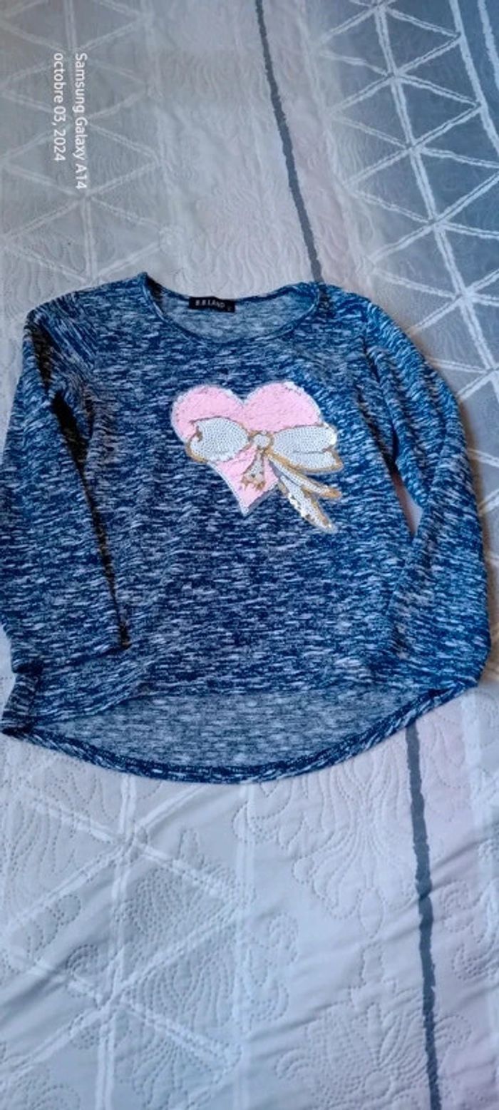 Pull fin motif cœur et noeud en sequins bleu fille 12 ans BB.Land