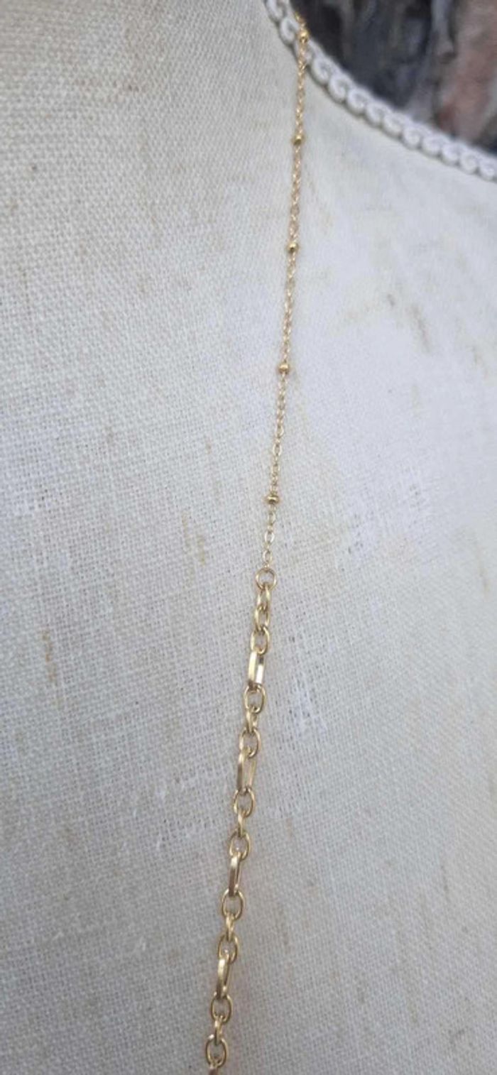 Sautoir chaîne travaillée acier inoxydable or gros poisson en jade rose en pendentif - photo numéro 5