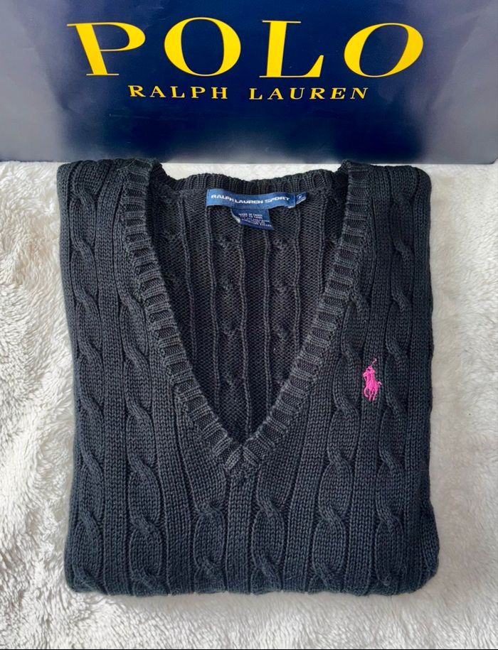 🩷 Pull Neuf Torsadé Col V Ralph Lauren Noir Logo Rose Fuchsia - Taille M/38 - photo numéro 2