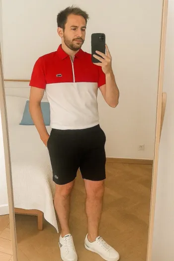 Polo Lacoste blanc et rouge slim fit taille S