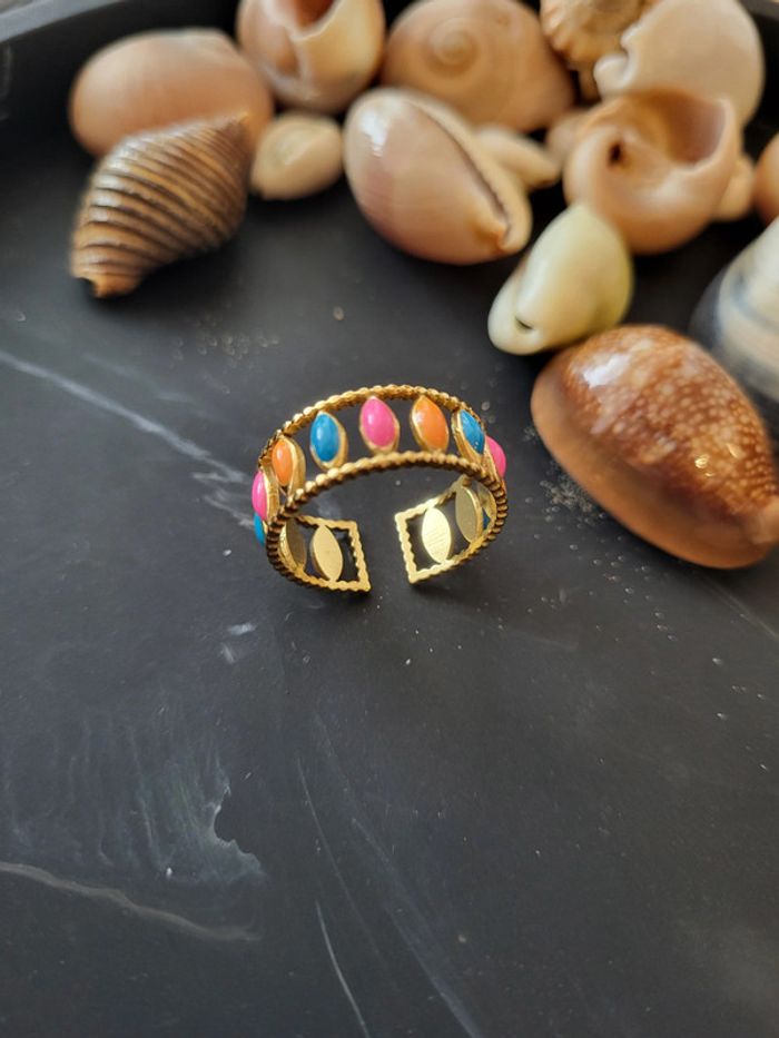 Bague ouverte en acier inoxydable doré, avec goutte d'huile de couleurs multiples