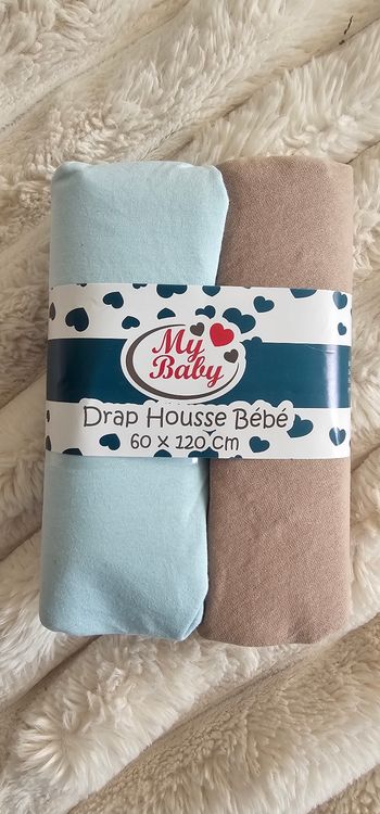 Lot de 2 draps housses pour lit bebe 70×120cm Neufs
