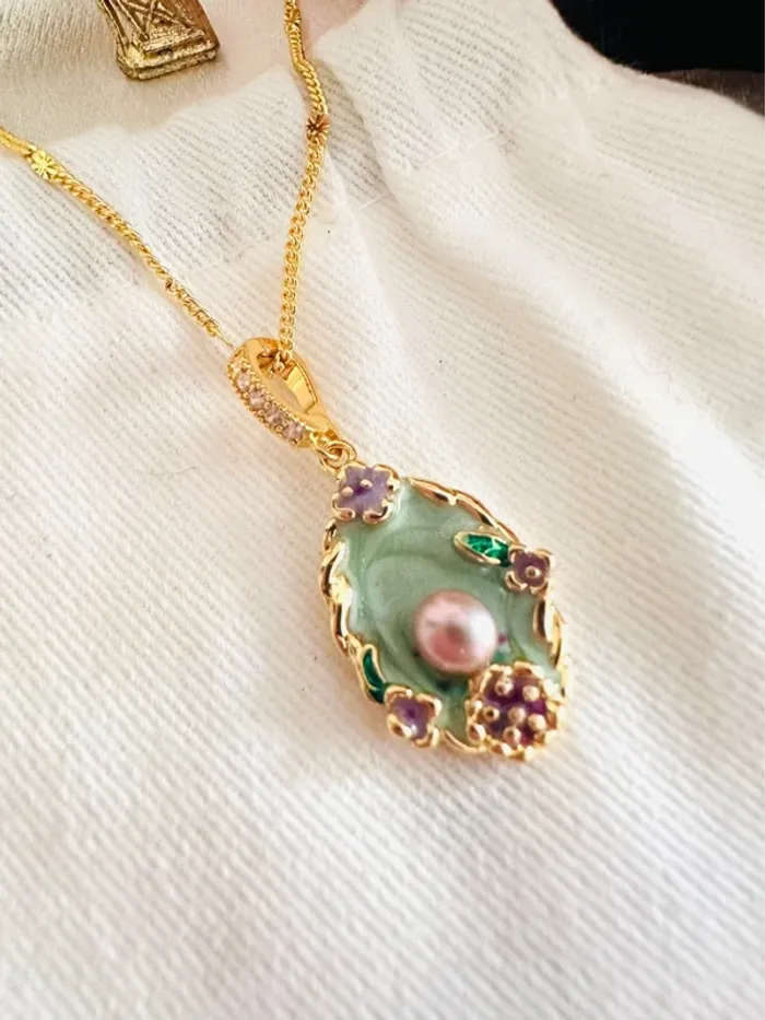 💐Collier doré perle d’eau douce & fleurs émaillées - photo numéro 8