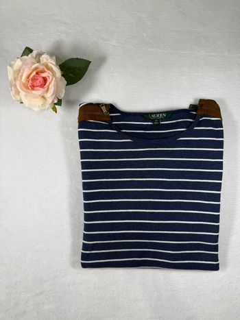 Top T-shirt manches longues marinière Ralph Lauren femme 2X ( 2XL ) bleu marine blanc 100% coton