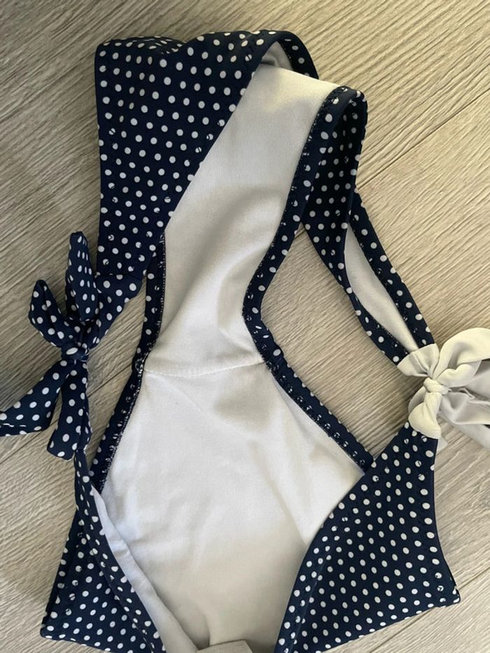 Culotte slip tanga de bain bleu marine à pois blanc noeud coté mermaid taille 40 - photo numéro 4