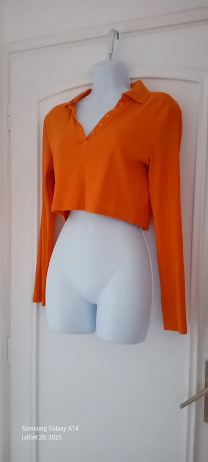 Polo court manches longues maille côtelée col en V à boutons orange femme L zara - photo numéro 10