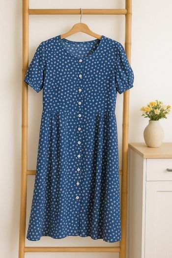 Robe longue bleue fleurs blanches