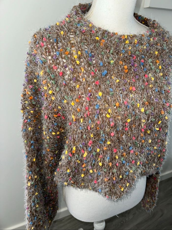 Pull crop top en maille chenille marron et multicolore Vintage Tu - photo numéro 3