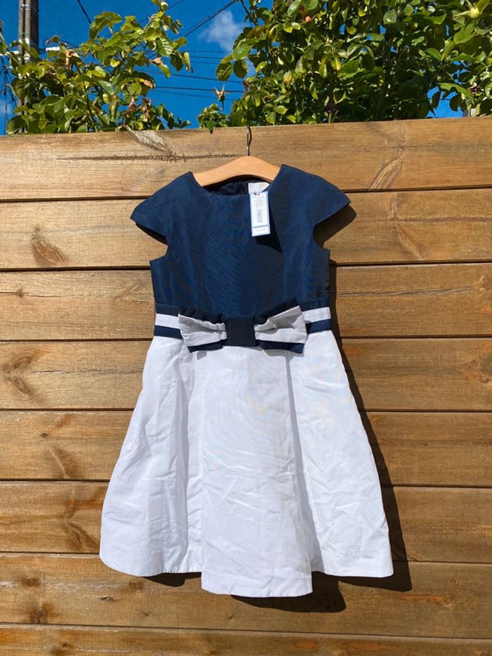 Robe Jacadi paris bleu marine blanche noeud cérémonie mariage communion baptême