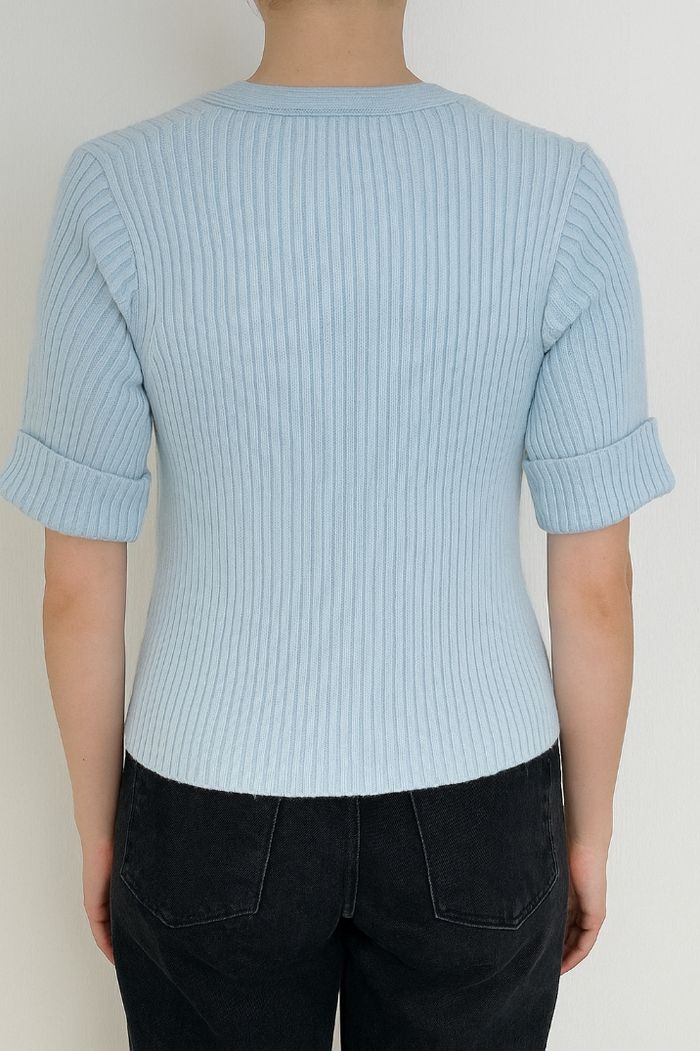 Gilet côtelé bleu pastel manches courtes Taille 38 ( M ) - photo numéro 2