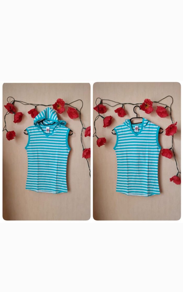 Débardeur à capuche rayé T. 158/164cm Here & There 💮 100% Coton