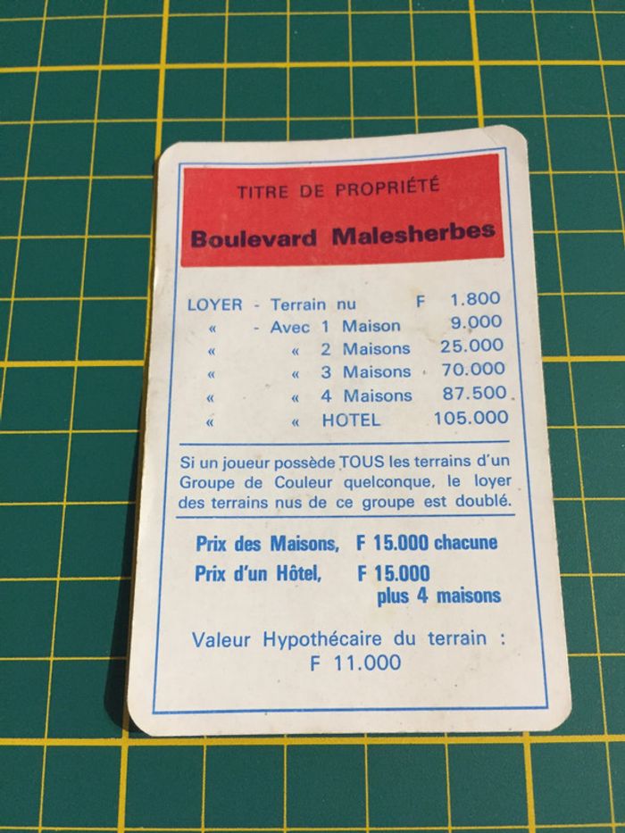 Carte Boulevard Malesherbes pièce détachée Monopoly Miro Parker company #A63
