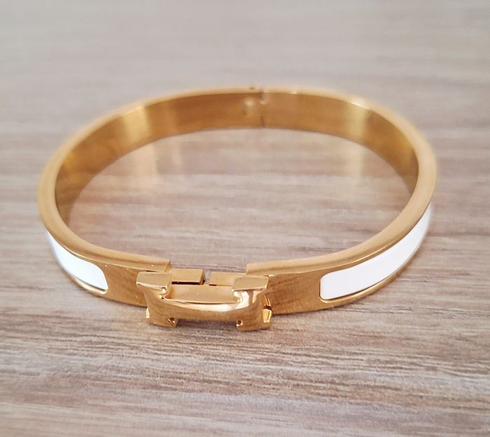 Bracelet jonc acier inoxydable doré et blanc - taille 18 cm - photo numéro 8