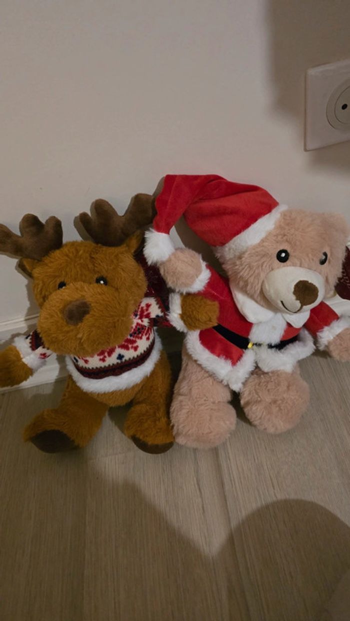 Lot de 2 peluches renne et ours noel