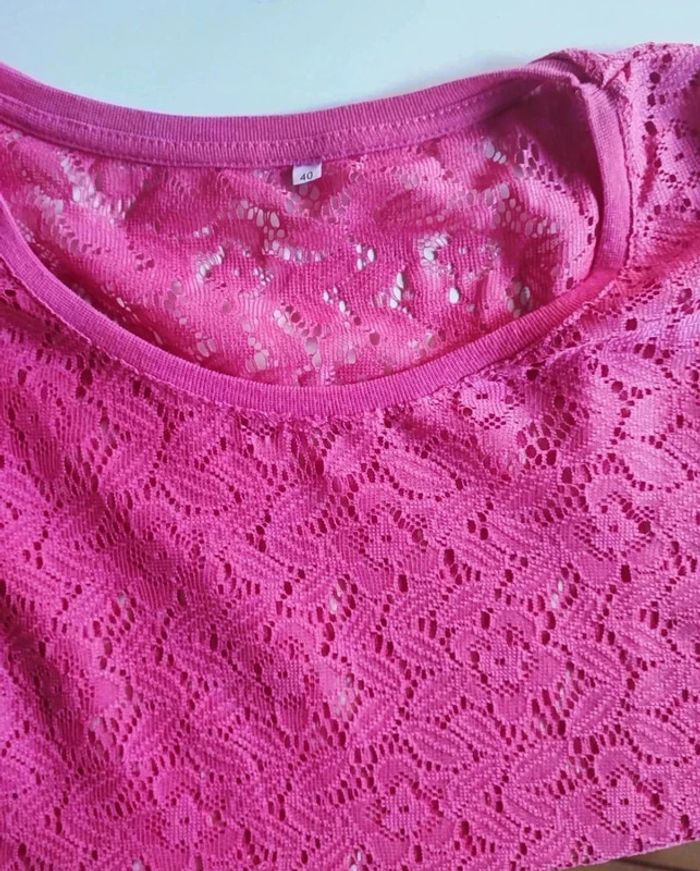 💓Tee shirt dentelle sexy femme rose ajourée fleurie neuf t l 40 - photo numéro 5