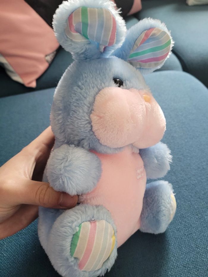 RARE Gros Lapin Bleu rose multicolore Boulgom rayures rayé tissu 26cm peluche doudou France - photo numéro 4