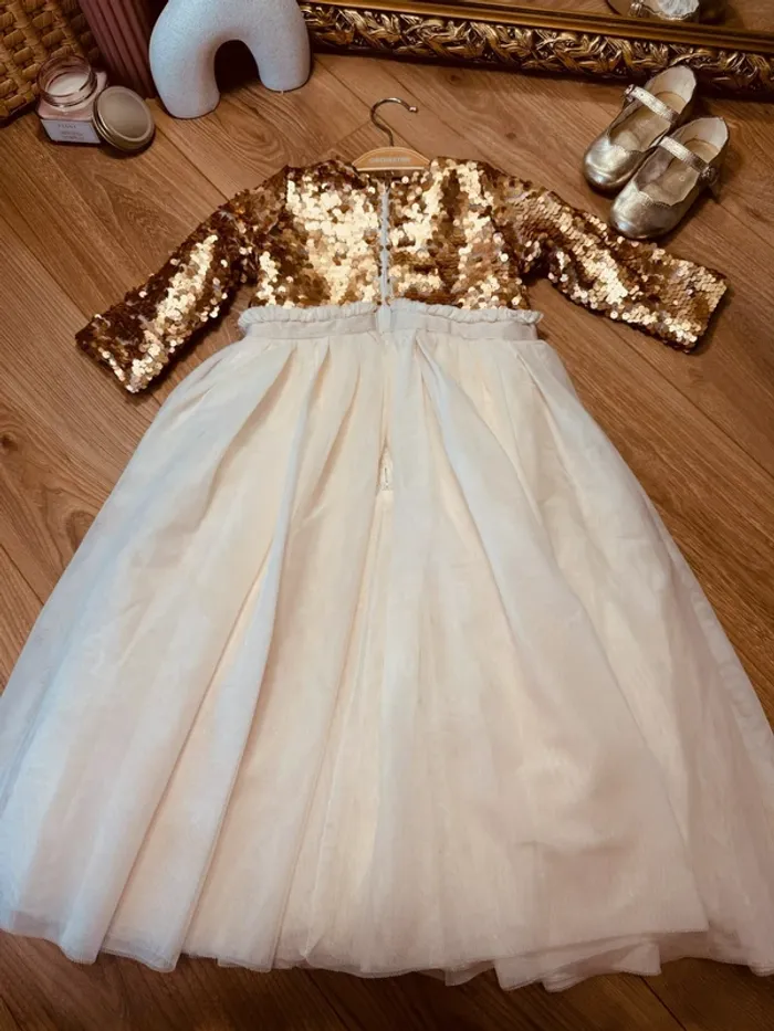 Taille 3-4 ans robe longue créateur fille TAO crème bronze * sequins tulle * 🌸 - photo numéro 7