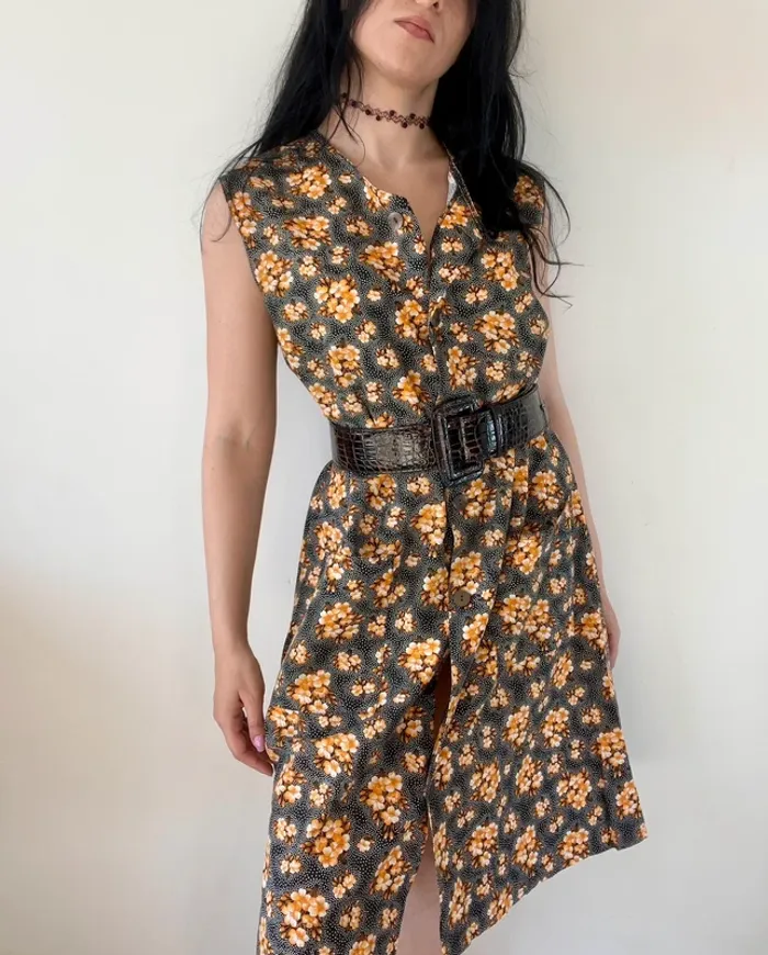 Robe à fleurs vintage années 70 noire et orange 🍊