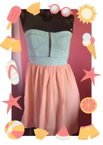 Robe bustier en jeans et mousseline rose
