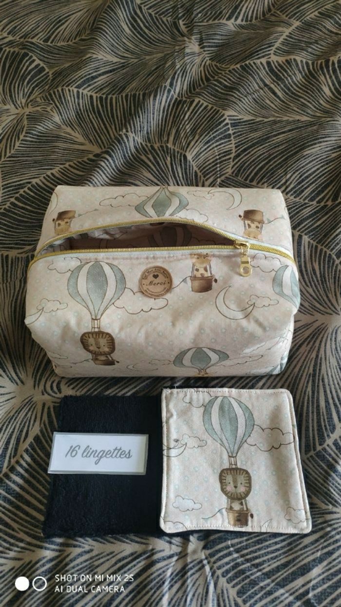16 lingettes lavables et sa trousse de toilette moltonné