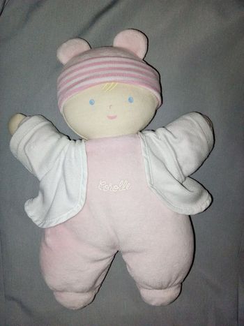 doudou Corolle rose de 1998 poupée chiffon tissu velours ras rayure rayé nref 0170 28 cm 12" absence col d'occasion vendu comme sur les photos