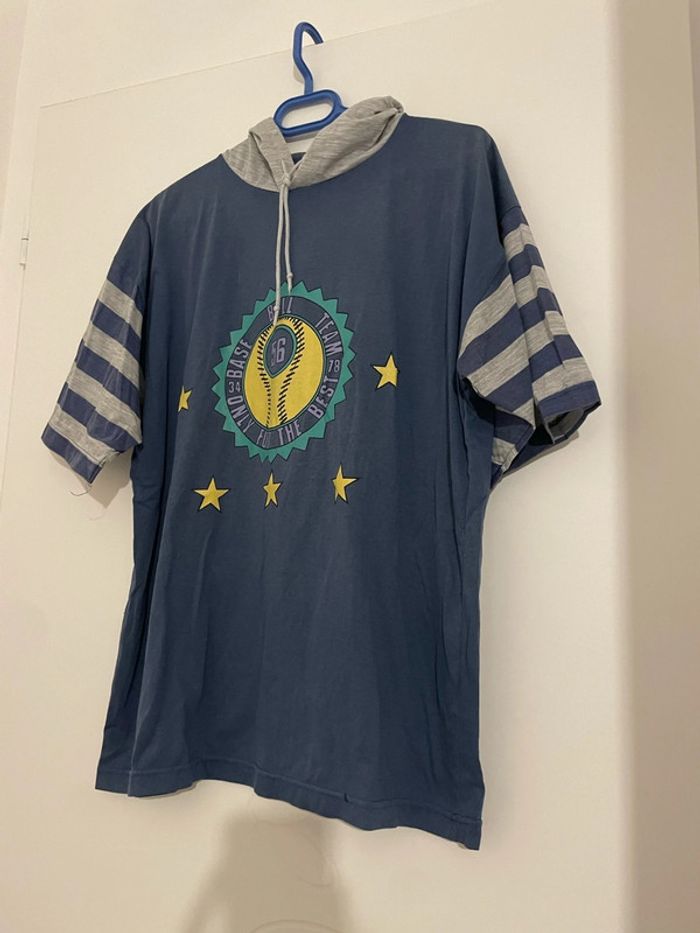 T-shirt vintage manche courte a capuche bleu marine rayure gris à motifs devant baseball taille XL - photo numéro 3