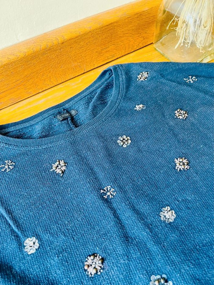 Sublime pull bleu marine oysho à perles brodé en coton taille L - photo numéro 7