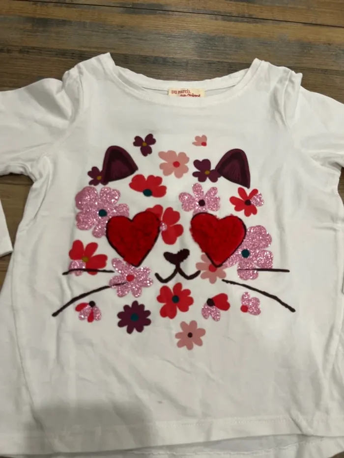 T-shirt manches longues blanc motif chat - photo numéro 2