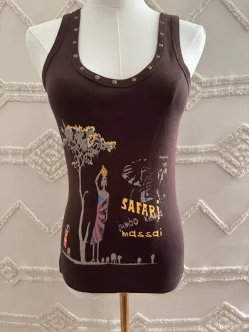 Débardeur marron tribal ethnique Karboon – motif Massai, vibes earthy / afrofuturiste – taille M