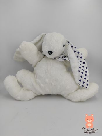 Doudou Lapin Blanc endormi Bandana Cœurs Bleus