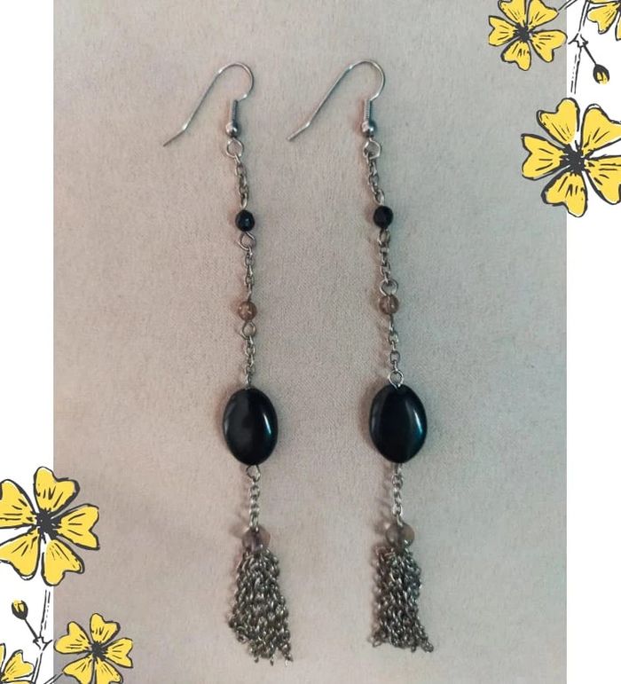 oucles d’oreilles longues chaînes & perles noires – Style chic rock - photo numéro 4