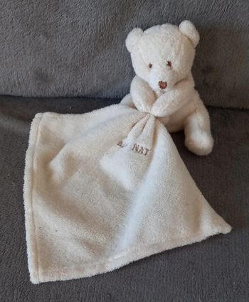 Doudou peluche ours blanc écru avec mouchoir- Baby nat